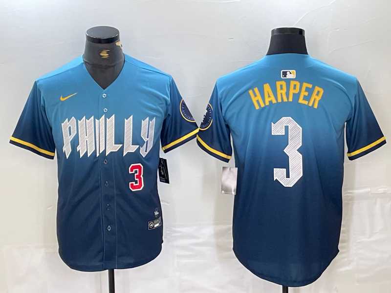 Mens Philadelphia Phillies #3 Bryce Harper Number Blue 2024 City Connect Limited Jersey